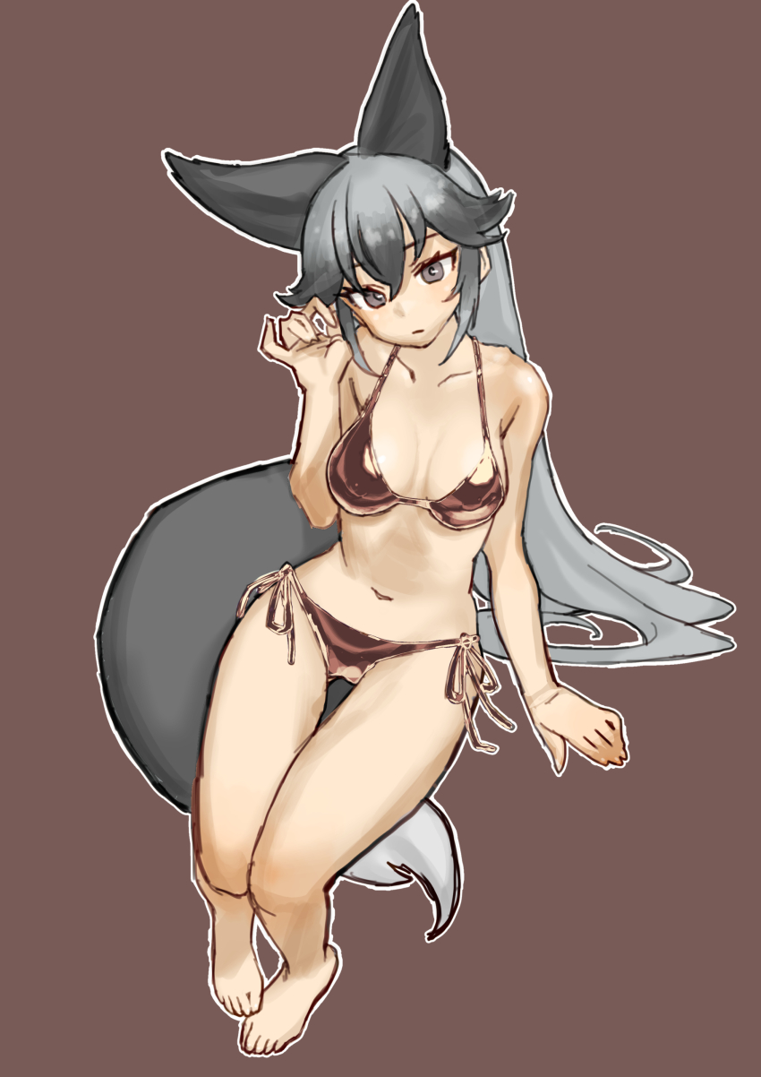 1girl absurdres animal_ears arairestaurant bikini black_hair blush breasts extra_ears fox_ears fox_tail gold_bikini golden_week grey_hair hair_between_eyes highres kemono_friends long_hair looking_at_viewer medium_breasts multicolored_hair navel side-tie_bikini_bottom silver_fox_(kemono_friends) sitting solo swimsuit tail
