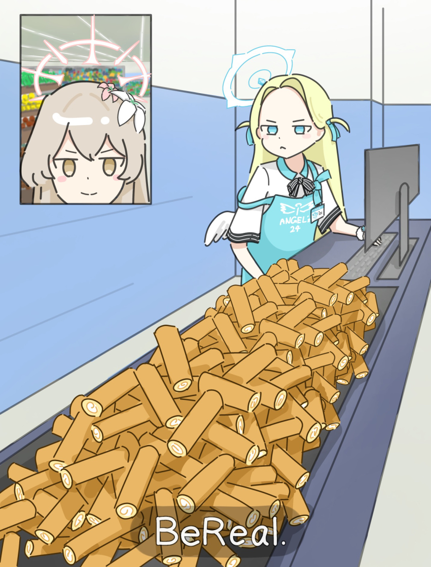 &gt;:) 2girls angel&#039;s_24_uniform_(blue_archive) apron bereal blonde_hair blue_apron blue_archive blue_eyes blue_halo blush_stickers bow bowtie brown_eyes brown_hair cake cashier closed_mouth commentary_request english_text flower food grocery_store hair_flower hair_ornament halo highres long_hair meme multiple_girls nagisa_(blue_archive) ossa_2019 photo-referenced pink_halo shirt smile sora_(blue_archive) store_clerk strap_slip swiss_roll too_many v-shaped_eyebrows white_shirt
