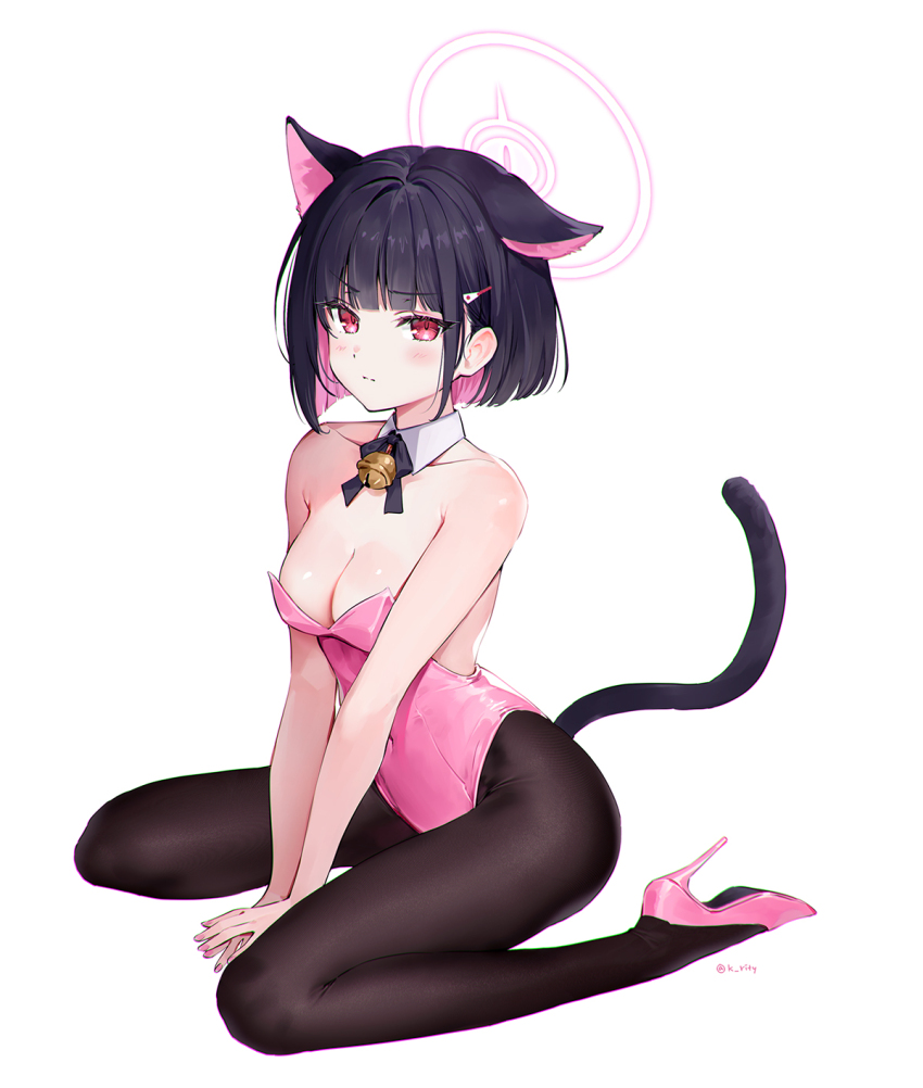 1girl animal_ears bare_shoulders bell black_choker black_hair blue_archive blush breasts cat_ears choker colored_inner_hair detached_collar extra_ears hair_ornament hairclip halo high_heels highres jingle_bell kazusa_(blue_archive) kittysuit leotard looking_at_viewer medium_breasts multicolored_hair nontraditional_playboy_bunny pantyhose pink_footwear pink_hair playboy_bunny red_eyes rity short_hair sitting solo strapless strapless_leotard tail two-tone_hair wariza