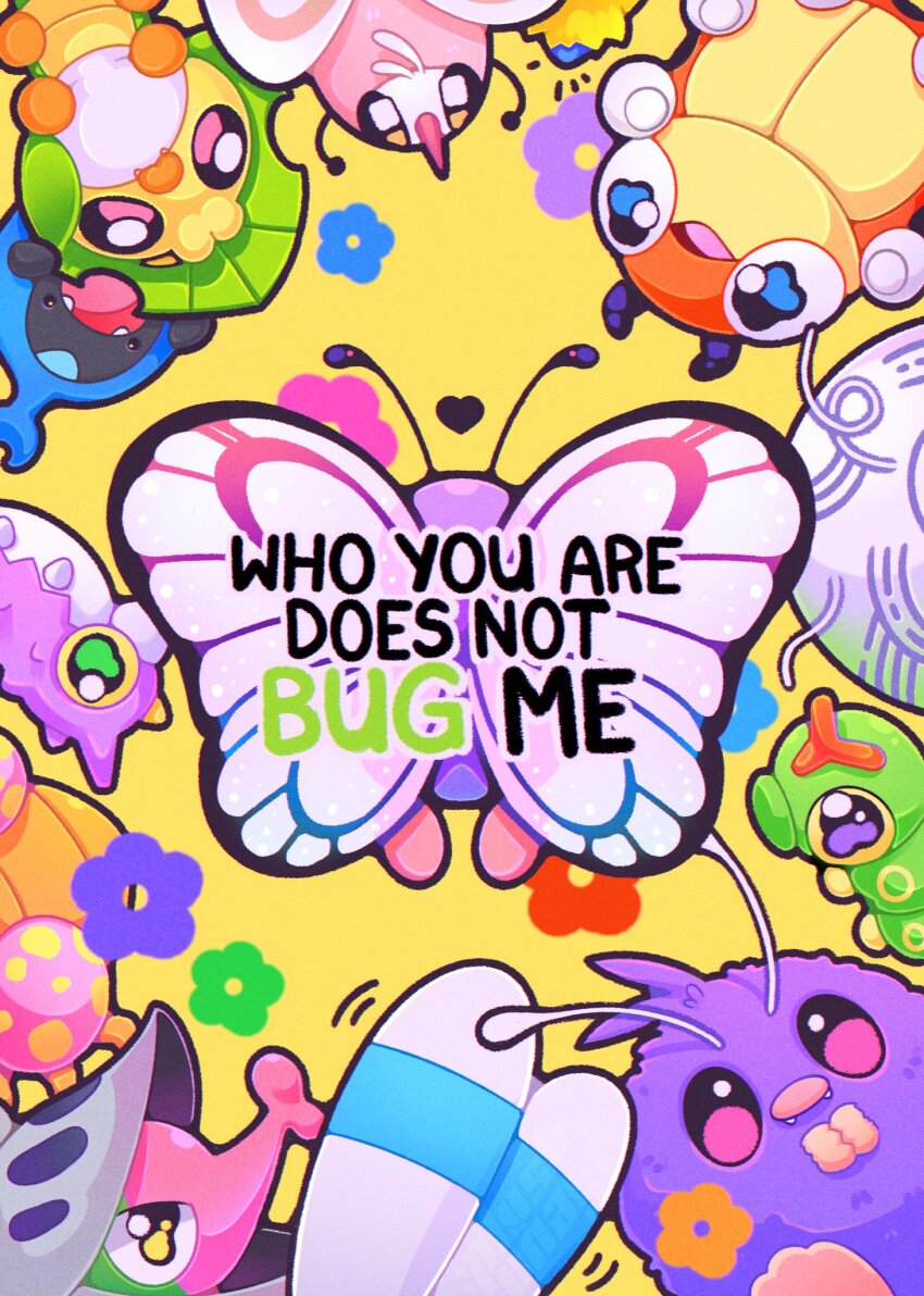 alternate_color animal_focus antennae bug butterfly butterfree caterpie caterpillar colorful commentary cutiefly english_commentary english_text everyone gen_1_pokemon gen_2_pokemon gen_3_pokemon gen_5_pokemon gen_7_pokemon highres insect insect_wings joltik karrablast ledyba nintendo no_humans paras plushunagi pokemon pokemon_(creature) pun sewaddle shelmet shiny_pokemon tarountula venonat wings wurmple yanma yarn yellow_background