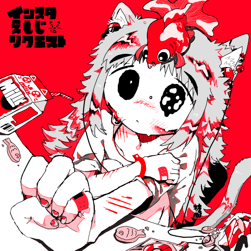 1girl absurdres animal_ears bandaid bandaid_on_finger bandaid_on_hand cat_ears cat_girl cat_tail commission cuts edanoma_meu fish food goldfish highres injury long_hair looking_at_another milk_carton original red_background red_theme self-harm short_sleeves solo tail tears