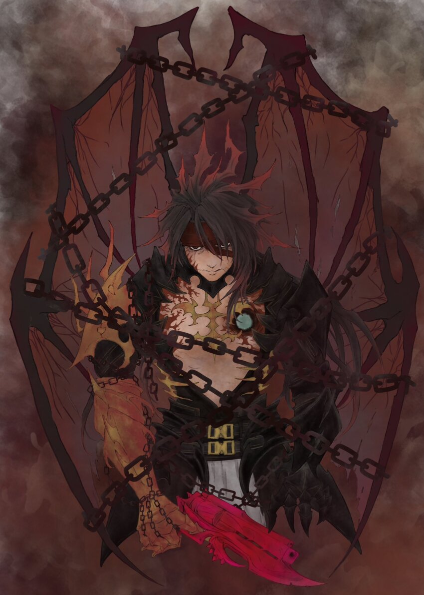 1boy bat_wings belt black_hair center_opening chain closed_mouth commentary_request cowboy_shot facial_hair final_fantasy final_fantasy_vii final_fantasy_vii_ever_crisis gauntlets gun handgun headband highres holding holding_gun holding_weapon long_hair looking_at_viewer male_focus msa_mne multiple_belts pectorals red_headband shoulder_pads solo spiked_hair vincent_valentine vincent_valentine_(coat_of_the_worthy) weapon wings