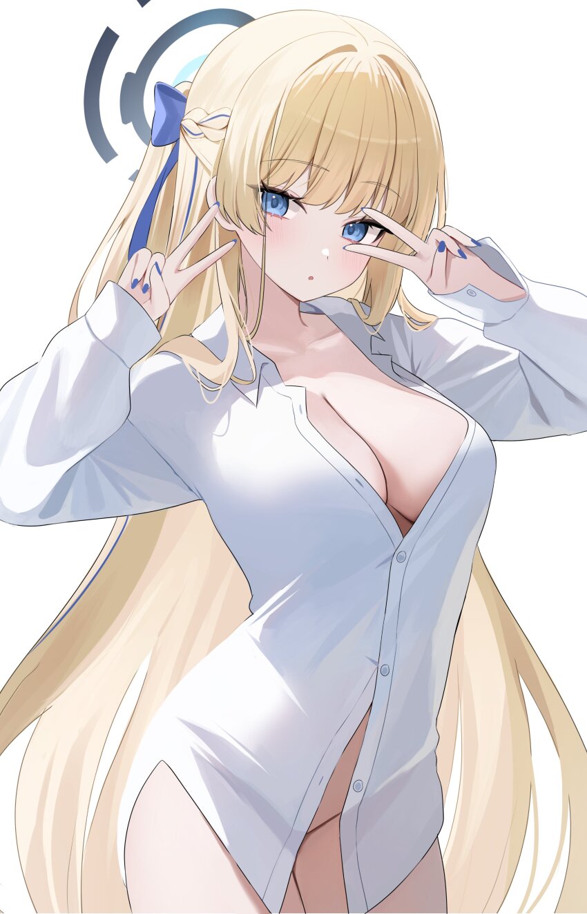 1girl absurdres alternate_costume alternate_hairstyle blonde_hair blue_archive blue_bow blue_eyes blue_nails blush bow braid breasts double_v hair_bow highres looking_at_viewer nannung no_bra no_panties no_pants open_mouth ponytail shirt solo toki_(blue_archive) v white_shirt