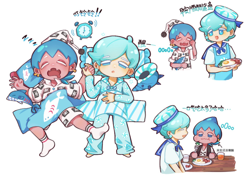 2boys :i alarm_clock blanket_over_midsection blue_hair clock collage conch cookie_run cookie_run:_kingdom cookie_run:_ovenbreak deformed drink eating fangs flipped_hair food fork head_on_pillow holding holding_fork holding_hands holding_plate long_sleeves male_focus multiple_boys multiple_views pajamas pants peppermint_cookie pillow plate rubbing_eyes short_hair short_sleeves shorts simple_background skin_fangs sleeping sleepy socks sorbet_shark_cookie stuffed_animal stuffed_shark stuffed_toy swept_bangs wavy_mouth white_background yaoi yiruitianxia