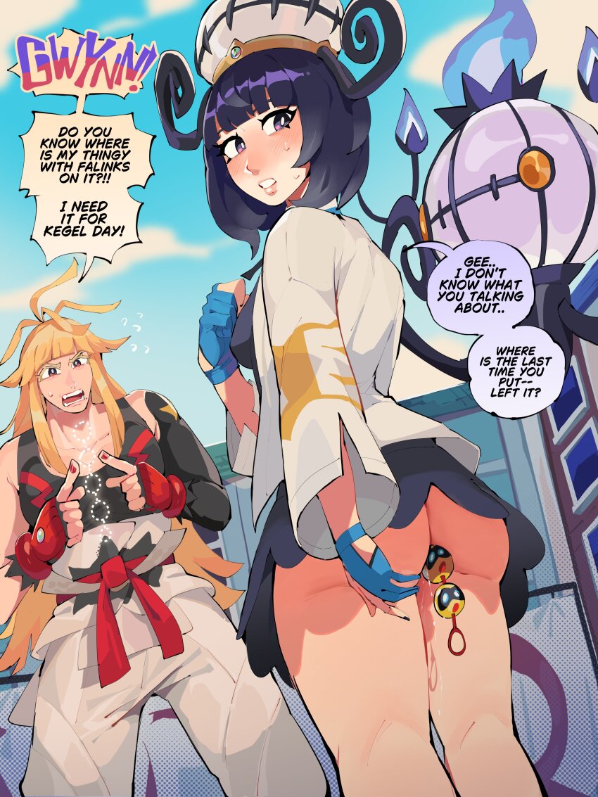 1boy 1girl absurdres anal anal_beads anal_fluid anal_object_insertion ass black_hair blonde_hair brother_and_sister chandelure coat diforland fire gen_5_pokemon gloves gwynn_(pokemon) hat highres ivor_(pokemon) long_hair long_sleeves mole mole_under_mouth nintendo no_legwear object_insertion open_mouth partially_fingerless_gloves pokemon pokemon_(creature) pokemon_legends:_z-a purple_eyes purple_fire sex_toy short_hair siblings white_coat