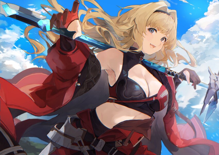 1girl armpits blonde_hair blue_eyes blue_sky breasts cleavage cleavage_cutout clothing_cutout granblue_fantasy hair_intakes highres jacket looking_at_viewer midriff open_mouth outdoors red_jacket sky solo tomochi_(tmc_tmc8) wind zeta_(granblue_fantasy) zeta_(grand)_(granblue_fantasy)
