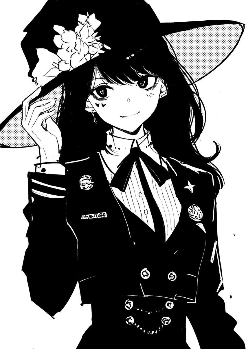 1girl adjusting_clothes adjusting_headwear bow bowtie dithering earrings epaulettes flower hat hat_flower heart heart-shaped_pupils heart_mold highres jewelry kajino_(aosansai) looking_at_viewer mole mole_under_eye monochrome multiple_moles name_tag original shirt simple_background smile solo symbol-shaped_pupils uniform upper_body