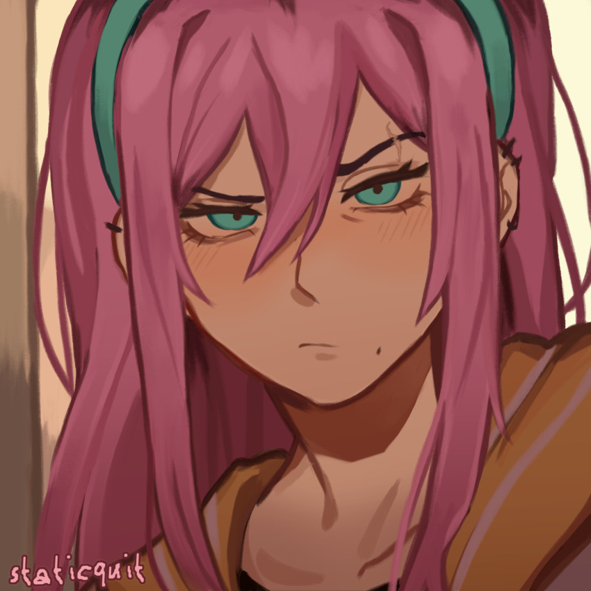 1girl artist_name aubrey_(faraway)_(omori) aubrey_(omori) blue_eyes blue_hairband close-up closed_mouth collarbone ear_piercing hairband highres jacket long_hair looking_at_viewer mole mole_under_mouth omori piercing pink_hair solo staticquit upper_body white_jacket
