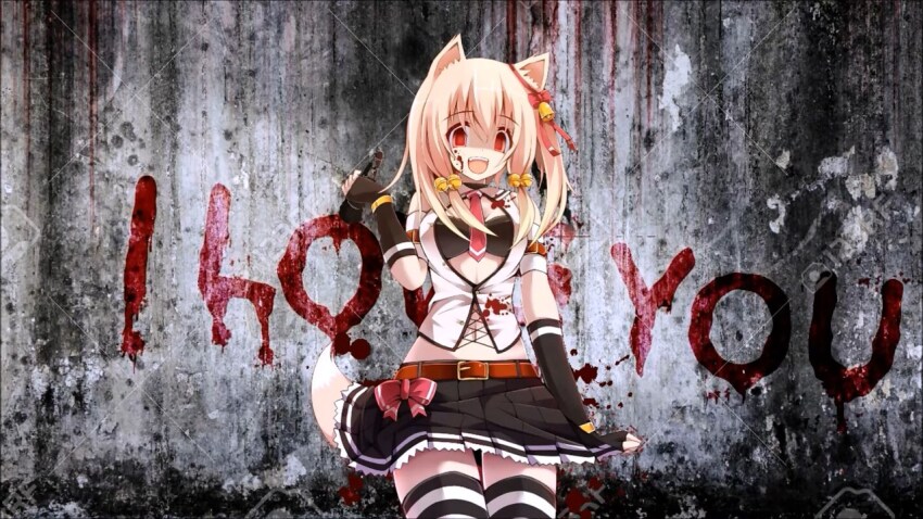 1girl animal_ears artist_request bell belt blonde_hair blood blood_on_clothes blood_on_face bow breasts cat_ears cat_girl empty_eyes english_text fingerless_gloves gloves hair_bell hair_bow hair_ornament looking_at_viewer medium_breasts microphone open_mouth original red_eyes skirt solo striped_clothes striped_thighhighs tail teeth thighhighs upper_teeth_only yandere