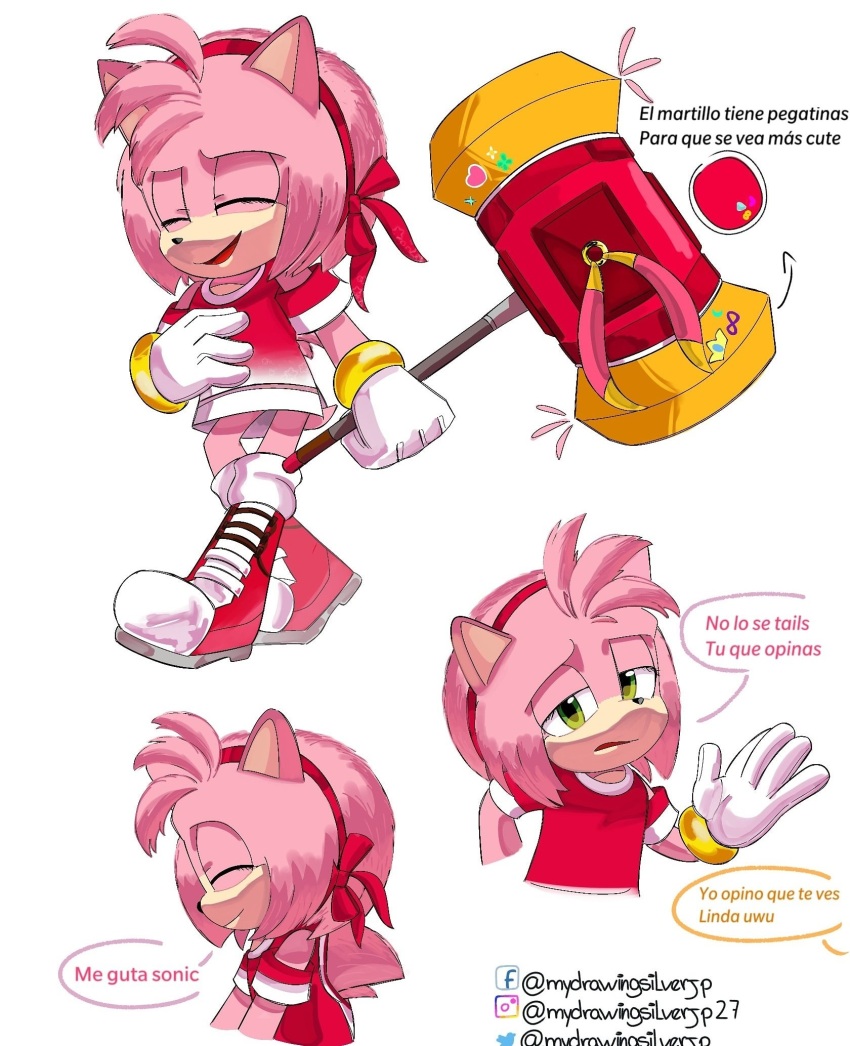 aged_down amy_rose backpack bag boots dress green_eyes hammer highres legs medium_hair mydrawingsilverjp paramount_pictures pink_fur sonic_(live_action) sonic_(series) sonic_the_hedgehog_(movie) spanish_text sticker toy_hammer