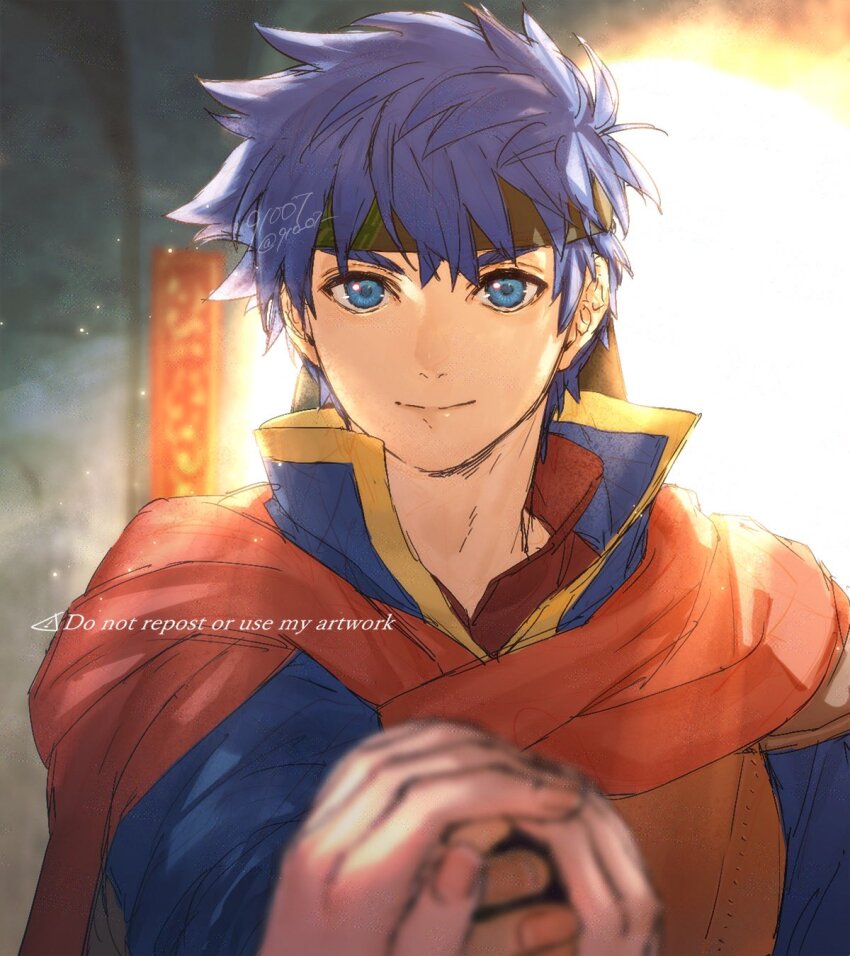 1boy 1girl 91007 artist_name blue_eyes blue_hair blurry blurry_background brown_headband cape closed_mouth commentary_request elincia_ridell_crimea fire_emblem fire_emblem:_path_of_radiance headband high_collar highres holding_hands ike_(fire_emblem) looking_at_viewer male_focus nintendo pov pov_hands red_cape short_hair smile spiked_hair twitter_username watermark