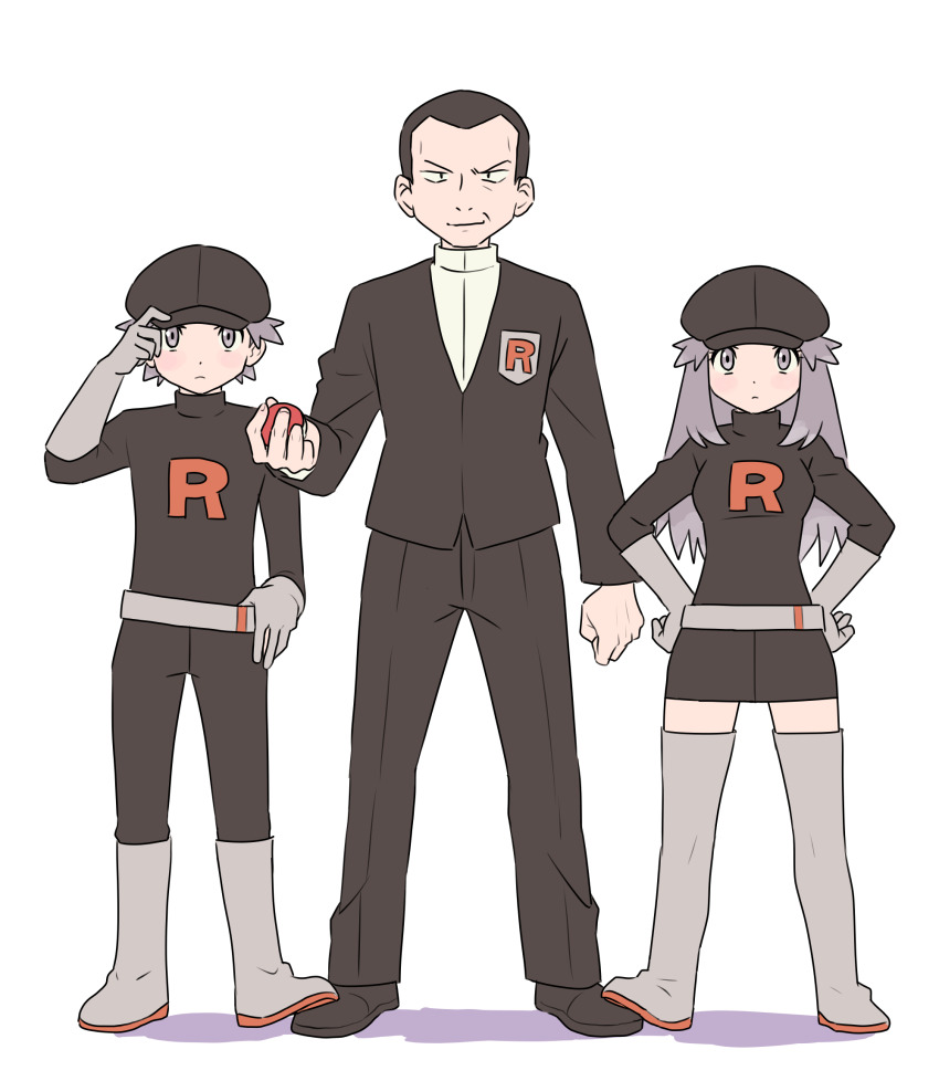 1girl 2boys cosplay giovanni_(pokemon) highres leaf_(pokemon) multiple_boys nintendo pokemon pokemon_frlg pumpkinpan red_(pokemon) red_(pokemon_frlg) team_rocket team_rocket_grunt_(cosplay) team_rocket_uniform