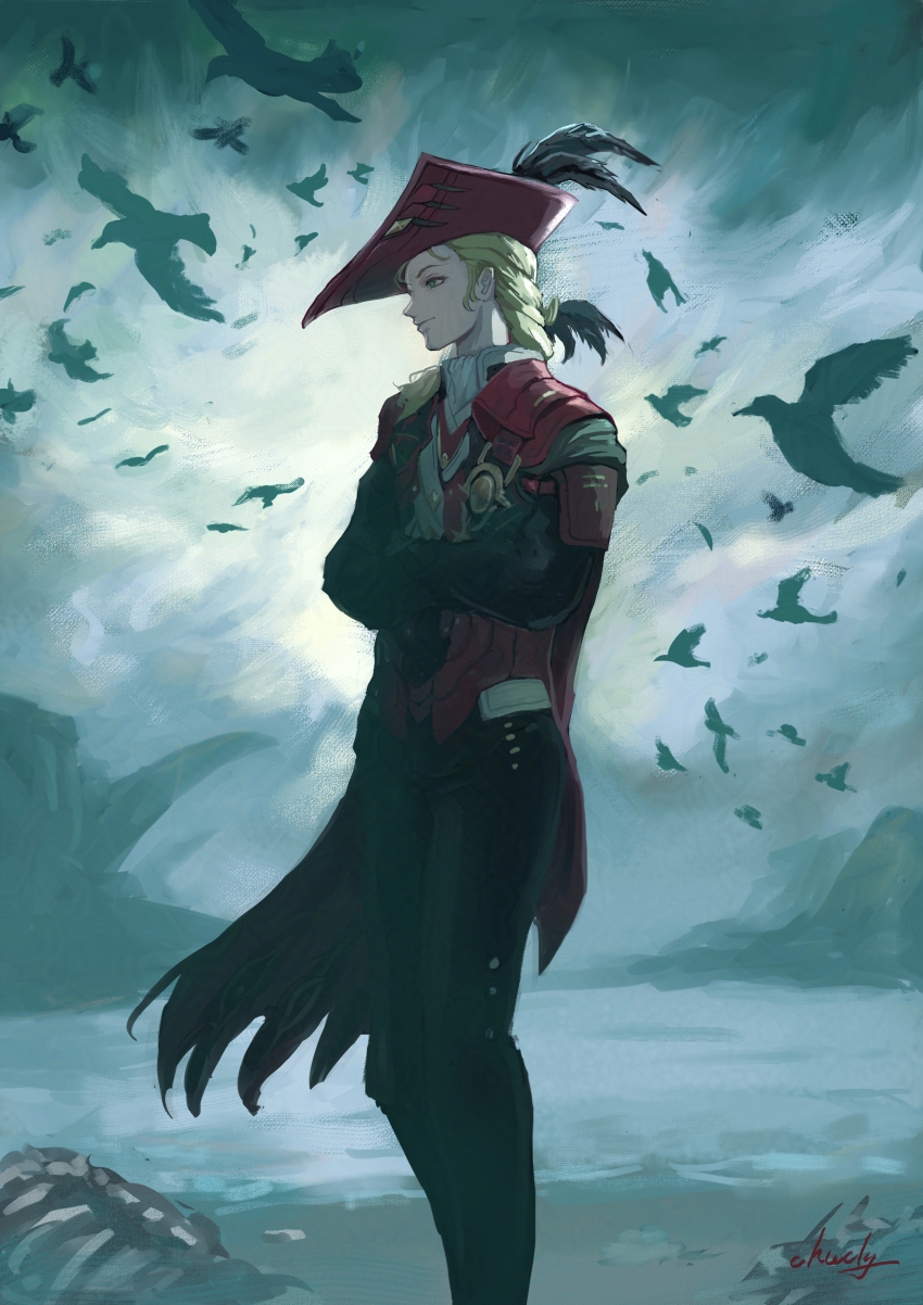 1boy absurdres ascot beach bird black_jacket black_pants blonde_hair cape chucky_(chucky1000sun) closed_mouth commentary cristoforo_(wuthering_waves) crossed_arms feet_out_of_frame fish_skeleton green_eyes hair_over_shoulder hat hat_feather highres jacket long_hair looking_ahead male_focus nose ocean outdoors pants ponytail red_cape red_hat side_cape signature smile solo tricorne water white_ascot wuthering_waves