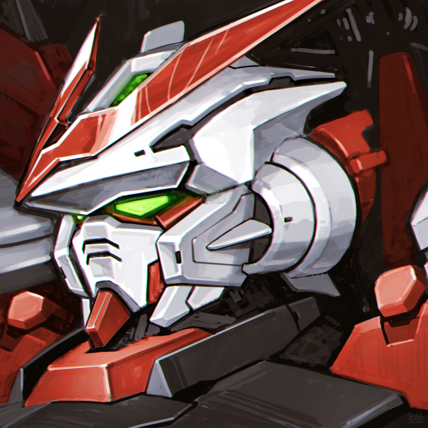 close-up commentary ehh_jikkenshitu from_side glowing glowing_eyes gundam gundam_astray_red_frame_kai gundam_seed gundam_seed_astray head highres looking_ahead mecha no_humans robot science_fiction solo v-fin