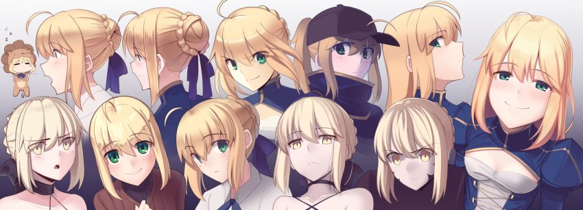 =_= absurdres ahoge animal_costume armor artoria_pendragon_(fate) baseball_cap black_choker blonde_hair blue_dress blush boa_(brianoa) braid braided_bun breasts brown_sweater chibi choker cleavage_cutout closed_mouth clothing_cutout dark_persona dress eyes_visible_through_hair fate/grand_order fate/stay_night fate/tiger_colosseum fate_(series) gradient_background green_eyes grey_background grey_headwear hair_bun hair_ribbon happy hat highres lion_costume long_hair looking_at_viewer multiple_expressions multiple_persona mysterious_heroine_x_(fate) open_mouth parted_lips profile purple_ribbon ribbon saber_(fate) saber_alter saber_alter_(third_ascension) sidelocks small_breasts smile sweater turtleneck wide-eyed yellow_eyes