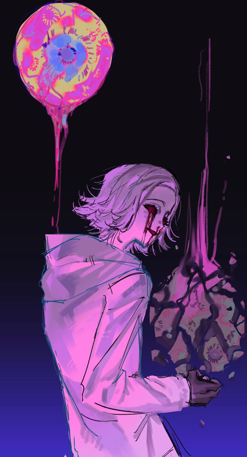 1boy aotsuki_eito black_background black_gloves blood blood_from_mouth blood_on_face bloody_tears blue_background gloves gradient_background highres jacket long_sleeves male_focus open_mouth parted_hair pink_hair pink_jacket simple_background solo solo_focus the_hundred_line_-last_defense_academy-