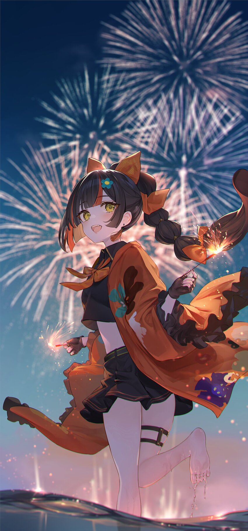absurdres aerial_fireworks barefoot black_gloves black_shirt black_thighlet blunt_sidelocks bow choya_hanabi crop_top earrings fingerless_gloves firecrackers fireworks flower_hairpin frills gloves haori highres japanese_clothes jewelry mark_under_eye multi-tied_hair multicolored_hair nakashima_(pluscolor) open_mouth orange_streaks ponytail red_bow red_haori shirt sidelocks single_earring thighs virtual_youtuber vspo! water wide_sleeves yellow_eyes