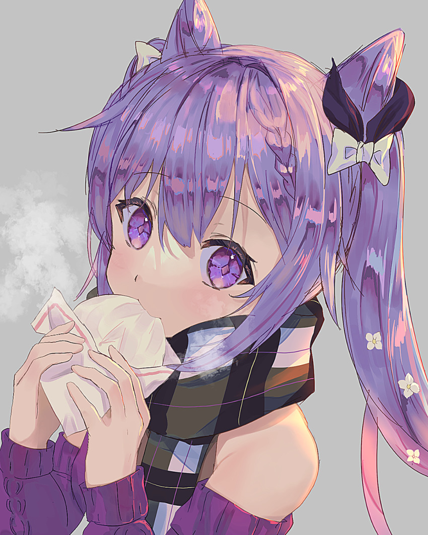 1girl steamed_bun beige_background commentary_request cone_hair_bun detached_sleeves double_bun eating flower food genshin_impact grey_background hair_between_eyes hair_bun hair_flower hair_ornament highres holding holding_food isuzu_(an_icy_cat) keqing_(genshin_impact) keqing_(lantern_rite)_(genshin_impact) long_hair long_sleeves looking_at_viewer plaid_clothes plaid_scarf purple_eyes purple_hair purple_sweater scarf sidelocks simple_background solo steam sweater twintails