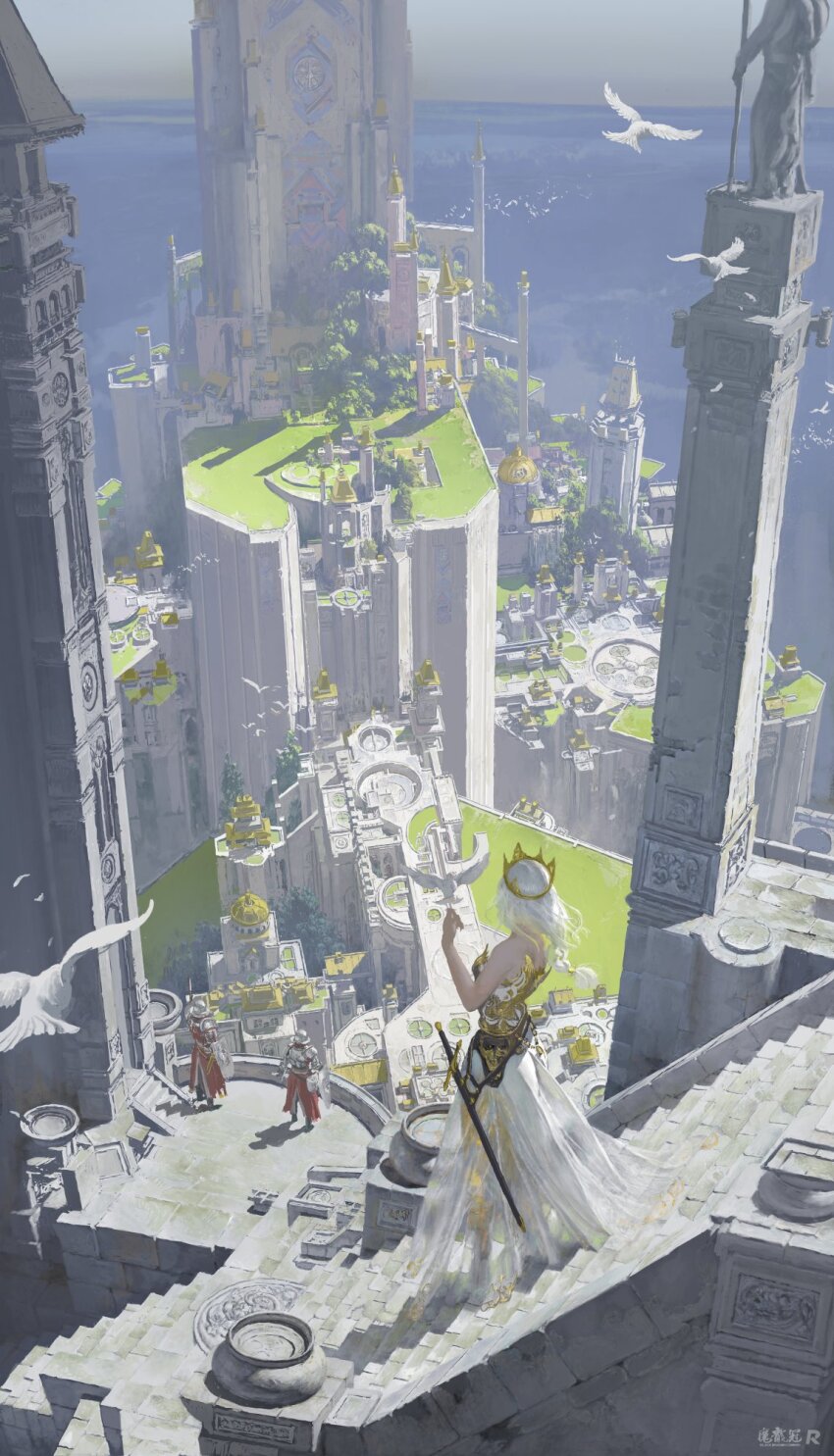 1girl 2others architecture armor armored_dress bird breastplate building castle city cityscape crown dove dress fantasy faulds fortress full_armor gold_trim grass helmet highres holding holding_sword holding_weapon knight landscape long_hair multiple_others original outdoors pauldrons queen ruanjia scenery shoulder_armor spire stairs stone_floor stone_stairs stone_walkway stone_wall sword tower wall weapon white_hair