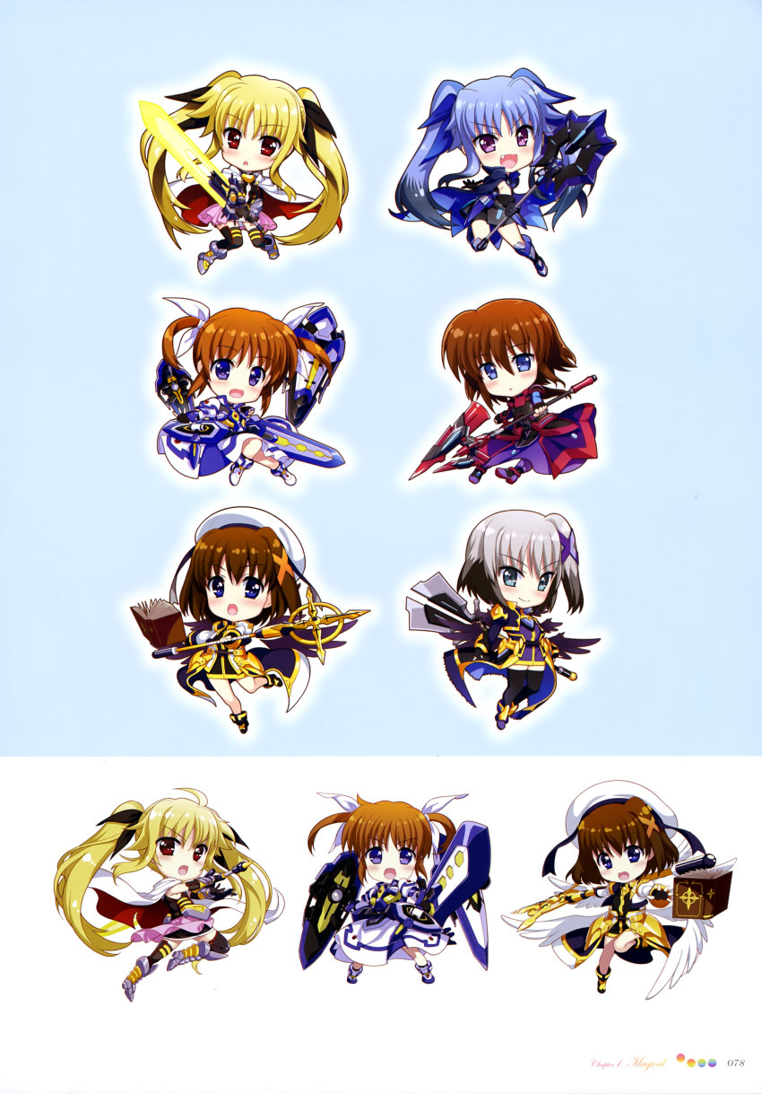 6+girls :d :o absurdres ahoge aqua_eyes armor armored_boots armored_dress bardiche_(nanoha) bardiche_(straight_saber_form)_(nanoha) bare_legs black_cape black_dress black_footwear black_gloves black_jacket black_legwear black_ribbon black_sleeve_ends blonde_hair blue_background blue_cape blue_dress blue_eyes blue_hair blue_sleeve_ends blush book book_of_the_azure_sky boots brooch brown_hair cape chibi cropped_jacket dress energy_sword english_text eyes_visible_through_hair fang fate_testarossa fate_testarossa_(blaze_form_ii) fingerless_gloves floating fujima_takuya full_body gauntlets gloves gold_trim grey_dress grey_hair hair_between_eyes hair_ornament hair_ribbon hat high_heel_boots high_heels highres holding holding_staff holding_sword holding_weapon jacket jewelry juliet_sleeves leg_up levi_the_slasher long_hair long_sleeves looking_at_viewer lord_dearche luciferion lyrical_nanoha magical_girl mahou_shoujo_lyrical_nanoha_the_movie_3rd:_reflection multicolored_dress multicolored_hair multiple_girls official_art open_mouth overskirt page_number pigeon-toed pink_eyes pink_skirt print_dress print_legwear puffy_sleeves purple_dress purple_eyes purple_footwear raising_heart red_brooch red_cape red_dress red_eyes ribbon scan schwertkreuz short_dress short_twintails skirt sleeveless sleeveless_dress smile socks staff stern_the_destructor sword takamachi_nanoha takamachi_nanoha_(fortress_mode) thighhighs thighhighs_under_boots tongue twintails two-tone_hair vulnificus weapon white_background white_cape white_dress white_footwear white_hat white_jacket x_hair_ornament yagami_hayate yersiniakreuz zettai_ryouiki
