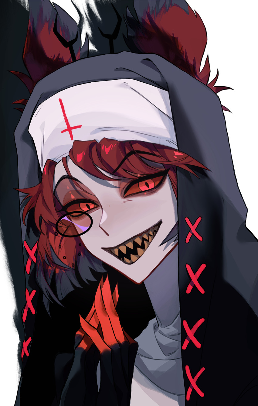 1boy absurdres alastor_(hazbin_hotel) animal_ears antlers black_hair black_hands coif colored_extremities colored_sclera colored_skin colored_teeth cross deer_antlers deer_boy deer_ears eyeshadow gradient_skin habit hazbin_hotel highres horns inverted_cross looking_at_viewer makeup male_focus monocle multicolored_hair nun own_hands_together praying red-tinted_eyewear red_eyes red_eyeshadow red_hair red_sclera red_skin sharp_teeth short_hair simple_background solo teeth tinted_eyewear traditional_nun two-tone_hair upper_body white_background ye_zhi_(kaibai29617) yellow_teeth