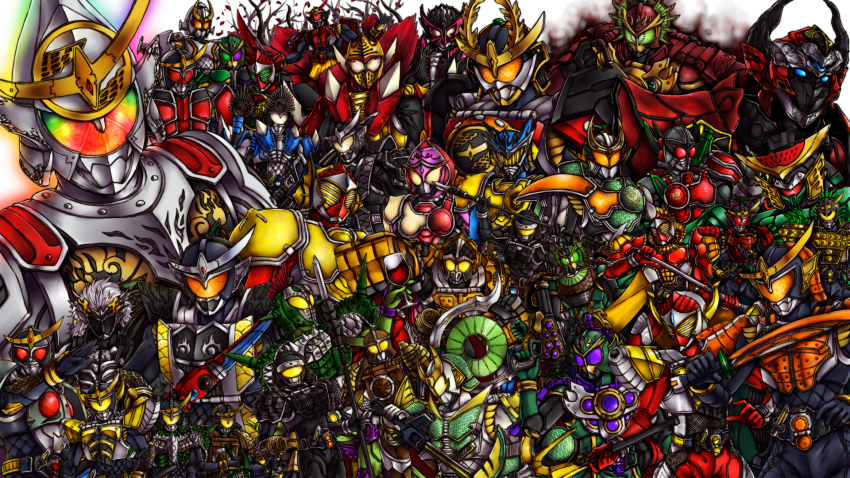 6+boys armor bad_id bad_pixiv_id bow boxing_gloves chakram club_(weapon) cup drinking_glass everyone glass hammer highres kamen_rider kamen_rider_baron kamen_rider_bravo kamen_rider_bujin_gaim kamen_rider_duke kamen_rider_fifteen kamen_rider_gaim kamen_rider_gaim_(series) kamen_rider_gridon kamen_rider_jam kamen_rider_kamuro kamen_rider_knuckle kamen_rider_kurokage kamen_rider_kurokage_shin kamen_rider_marika kamen_rider_mars kamen_rider_ryugen kamen_rider_sigurd kamen_rider_zangetsu kamen_rider_zangetsu_shin lance lord_baron male_focus mask mecha multiple_boys multiple_persona polearm rider_belt robot spear sword weapon wine_glass yusuki_(fukumen)