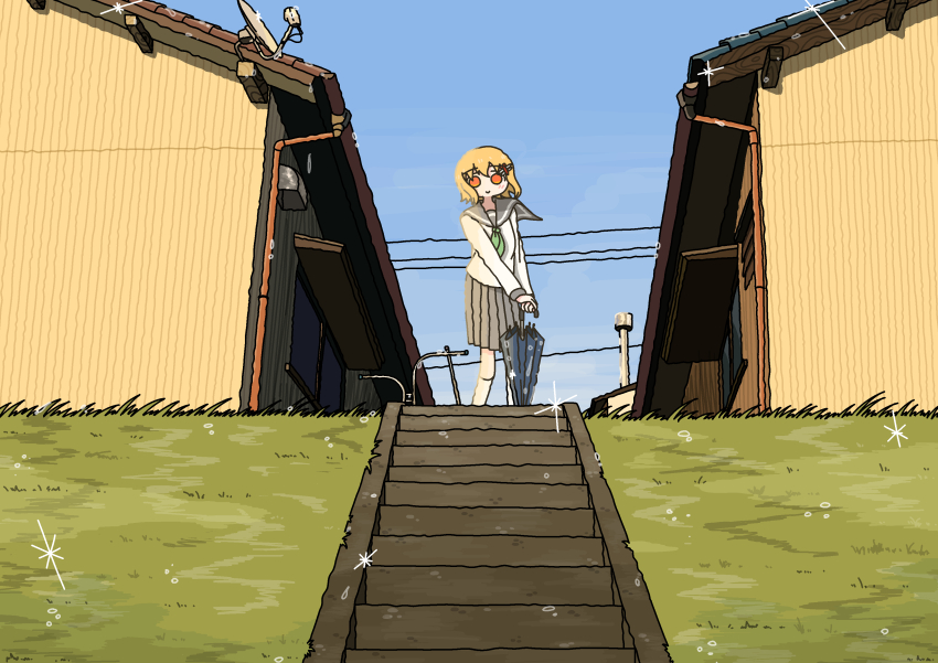 1girl absurdres after_rain blonde_hair blue_sky building closed_umbrella emesan_desu evening grass green_neckerchief grey_sailor_collar grey_skirt highres holding holding_umbrella long_sleeves looking_at_viewer neckerchief orange_eyes original pleated_skirt power_lines sailor_collar scenery school_uniform serafuku shirt skirt sky sparkle stairs standing umbrella white_shirt wide_shot