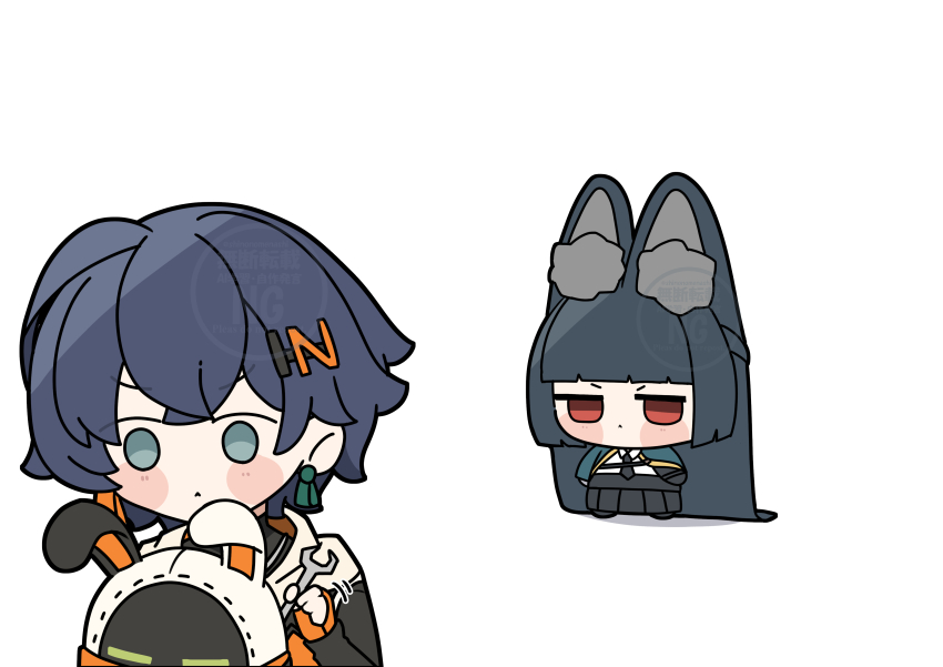 1other 2girls absurdly_long_hair absurdres animal_ear_fluff animal_ears aqua_capelet bangboo_(zenless_zone_zero) belle_(zenless_zone_zero) black_hair black_necktie black_skirt blue_hair blunt_bangs blunt_ends chibi closed_mouth commentary_request dot_mouth eous_(zenless_zone_zero) gloves green_eyes hair_ornament highres hime_cut holding holding_wrench hoshimi_miyabi jitome long-eared_miyabi_(meme) long_hair meme multiple_girls necktie orange_gloves red_eyes shinonome_nashi shirt simple_background skirt very_long_ears very_long_hair watermark white_background white_shirt wrench zenless_zone_zero