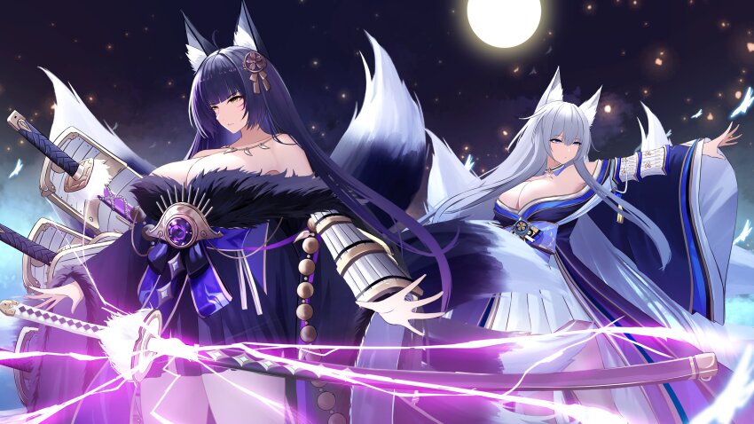 2girls absurdres animal_ear_fluff animal_ears armor azur_lane bare_shoulders beads black_kimono blue_butterfly blue_collar blue_kimono breasts bug butterfly cleavage collar commentary cowboy_shot english_commentary facial_mark fox_ears fox_girl fox_tail full_moon fur-trimmed_kimono fur_trim gem grey_hair hair_ornament highres huge_breasts insect japanese_armor japanese_clothes jewelry kimono kitsune kyuubi large_tail lightning long_hair long_sleeves low_neckline magatama magatama_necklace miniskirt moon multiple_girls multiple_swords multiple_tails musashi_(azur_lane) necklace night night_sky obi off_shoulder outstretched_arm pleated_skirt prayer_beads purple_gemstone purple_hair purple_lightning sash scabbard sheath sheathed shinano_(azur_lane) skirt skirt_under_kimono sky smitcuk sword tail two-tone_tail unsheathing very_long_hair weapon whisker_markings white_skirt white_tail wide_sleeves yellow_eyes
