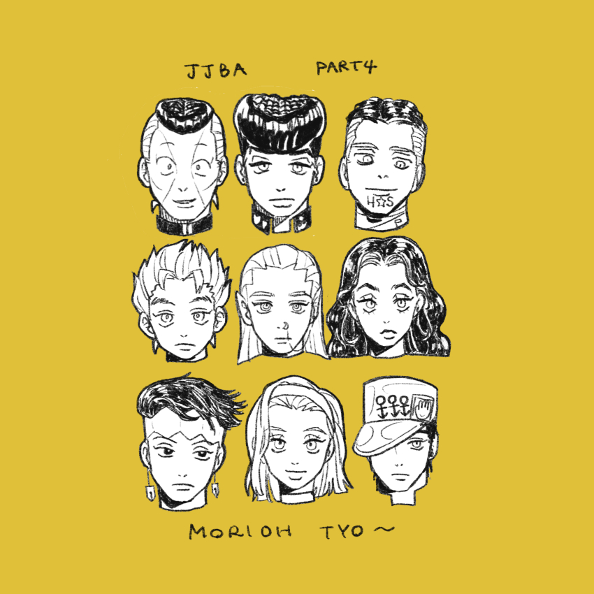 2girls 6+boys copyright_name diamond_wa_kudakenai earrings face_piercing facial_mark fungami_yuya greyscale_with_colored_background hat hazekura_mikitaka head_only higashikata_josuke highres hirose_koichi jewelry jojo_no_kimyou_na_bouken kishibe_rohan kuujou_joutarou linked_piercing long_hair medium_hair multiple_boys multiple_girls nijimura_okuyasu nose_piercing nose_ring piercing place_name pompadour portrait short_hair sugimoto_reimi t_0nd yamagishi_yukako