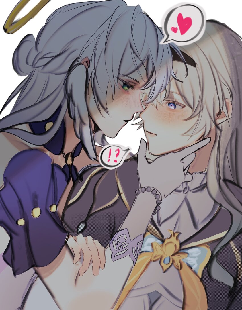 !? 2girls black_hairband blue_eyes blush bracelet commentary ear_wings firefly_(honkai:_star_rail) gloves green_eyes grey_hair grey_jacket hairband half_updo halo hand_on_another&#039;s_arm hand_on_another&#039;s_face heart highres honkai:_star_rail honkai_(series) jacket jewelry long_hair mmh_nom multiple_girls noses_touching parted_lips robin_(honkai:_star_rail) shirt simple_background spoken_heart spoken_interrobang upper_body white_background white_gloves white_shirt yuri