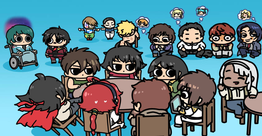 afei_(sfma3248) amuro_ray athrun_zala banagher_links blonde_hair blue_hair cagalli_yula_athha chair chang_wufei char&#039;s_counterattack chibi clown compass_uniform computer dark_skin domon_kasshu g_gundam gigi_andalusia gundam gundam_00 gundam_hathaway&#039;s_flash gundam_narrative gundam_seed gundam_seed_destiny gundam_seed_freedom gundam_suisei_no_majo gundam_tekketsu_no_orphans gundam_unicorn gundam_wing hathaway_noa headband heero_yuy highres io_fleming kamille_bidan kira_yamato loran_cehack mask meme mikazuki_augus military military_uniform mineva_lao_zabi mobile_suit_gundam multiple_boys nude quess_paraya red_headband scarf setsuna_f._seiei short_hair simple_background smile speech_bubble suletta_mercury thought_bubble trowa_barton turn_a_gundam wheelchair zaft_uniform zeta_gundam