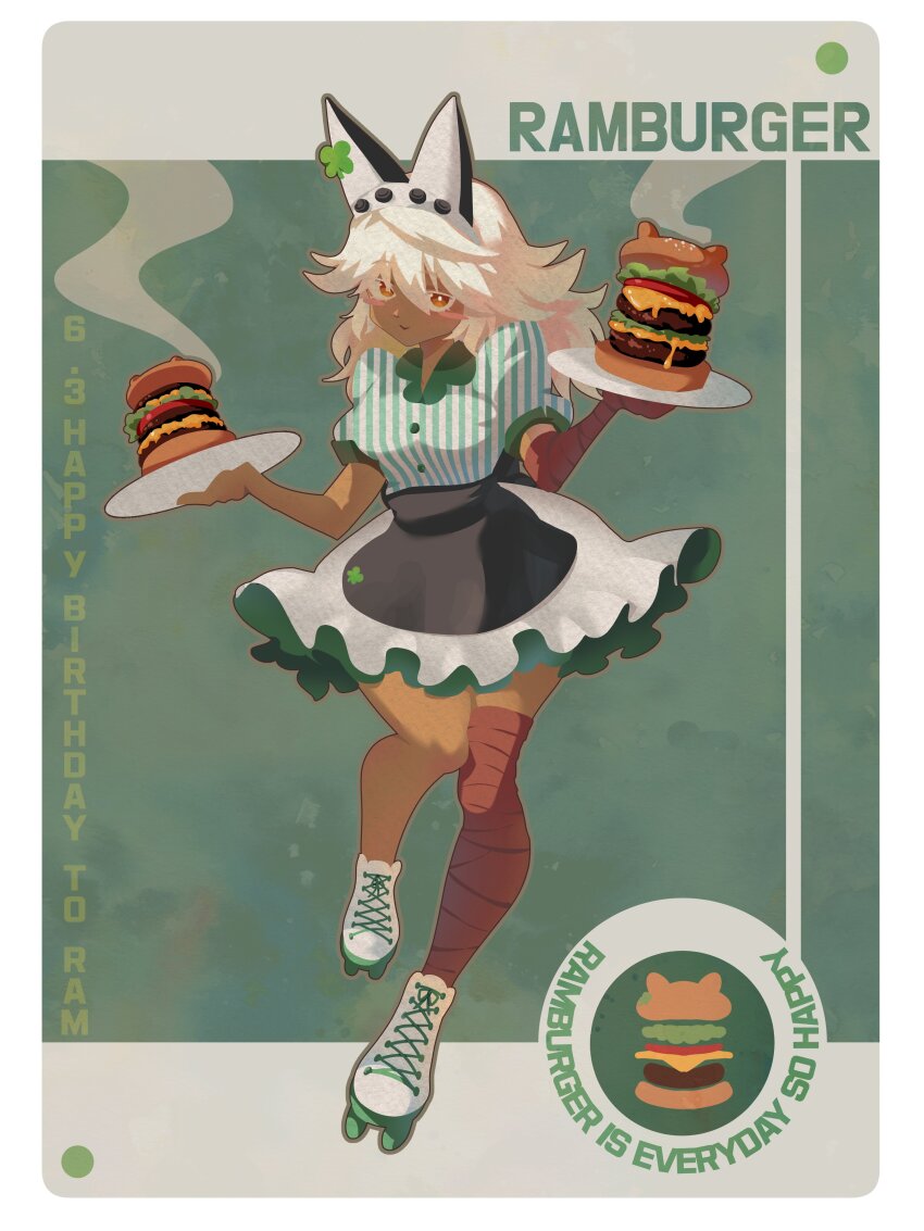 1girl :&gt; absurdres animal_ear_hairband animal_ears apron asymmetrical_legwear bandaged_arm bandaged_leg bandages black_apron blush_stickers burger cat_ear_hairband cat_ears clover collared_shirt dark-skinned_female dark_skin dress_shirt english_text eyebrows_hidden_by_hair fake_animal_ears food four-leaf_clover green_background green_shirt guilty_gear hair_between_eyes hairband happy_birthday highres holding holding_plate lampopo leg_up logo long_hair looking_at_viewer medium_skirt plate poster_(medium) puffy_short_sleeves puffy_sleeves ramlethal_valentine roller_skates shirt short_sleeves skates skating skirt smile standing standing_on_one_leg steaming_food striped_clothes striped_shirt vertical-striped_clothes vertical-striped_shirt waitress white_hair white_shirt white_skirt yellow_eyes