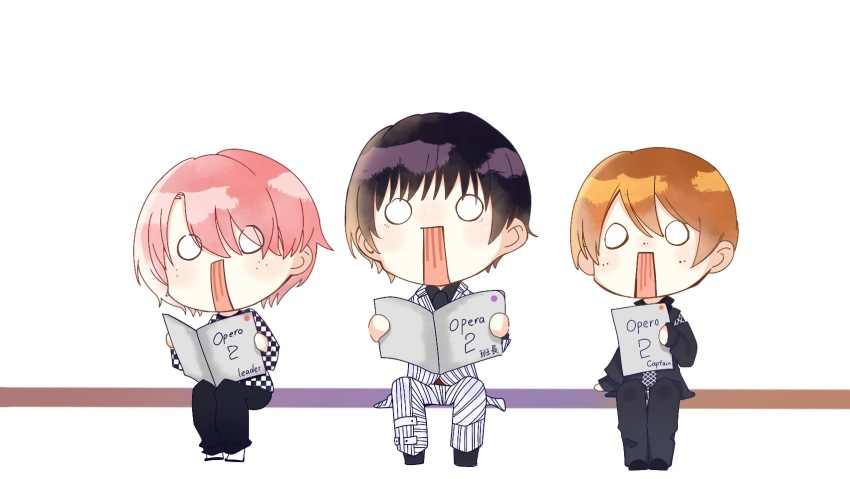 3boys argyle_clothes argyle_necktie belt black_footwear black_hair black_jacket black_necktie black_pants black_shirt black_sleeves checkered_clothes checkered_shirt checkered_sleeves chibi chinese_commentary collared_jacket collared_shirt commentary_request detached_sleeves formal_clothes freckles fukazawa_tatsuya full_body highres holding holding_paper jacket lapels light_blush long_sleeves male_focus mukai_kouji multiple_boys music necktie notched_lapels o_o open_mouth orange_hair pants paper pink_hair qingzhao_stella reading real_life red_belt sakuma_daisuke shirt shoes short_hair simple_background singing sitting snow_man_(jpop) striped_clothes striped_jacket striped_pants striped_suit suit two-tone_shirt white_background white_footwear white_jacket white_pants white_shirt white_sleeves white_suit