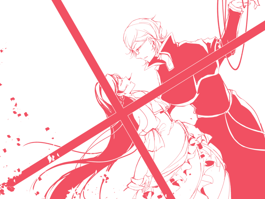 1boy 1girl bungou_stray_dogs closed_eyes commentary_request cross dress frilled_dress frills glasses habit iki_1919 long_dress long_hair long_sleeves looking_at_another margaret_mitchell_(bungou_stray_dogs) monochrome nathaniel_hawthorne_(bungou_stray_dogs) parted_lips partial_commentary pink_theme popped_collar priest profile short_hair tagme