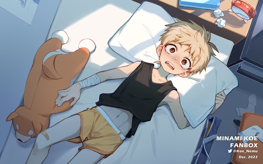 1boy alarm_clock bag bandaged_arm bandages bandaid bandaid_on_knee bandaid_on_leg bed black_tank_top blonde_hair blush breath clock commentary_request koe_(mixpi) lying male_focus male_underwear nose_blush on_back on_bed open_mouth orange_eyes original pillow shorts socks solo stuffed_animal stuffed_dog stuffed_toy sweat tank_top tissue_box underwear unworn_socks used_tissue