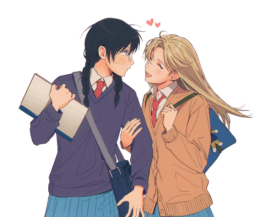 2girls black_hair blonde_hair blue_bag blue_skirt blue_sweater blush book brown_sweater closed_eyes glasses heart height_difference highres holding holding_book kurume_makoto locked_arms multiple_girls murashige_yuzuki necktie notebook open_mouth red_necktie school_uniform skip_to_loafer skirt sophie_(spark7291) sweater white_background yuri