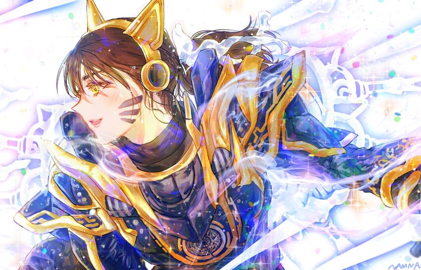 1girl :d animal_ear_headphones animal_ears armor armored_dress brown_hair cat_ear_headphones cat_ears dress facial_mark fake_animal_ears fang from_side headphones kamen_rider kamen_rider_geats_(series) kamen_rider_na-go kurama_neon namnadr no_headwear open_mouth ponytail smile solo whisker_markings yellow_eyes