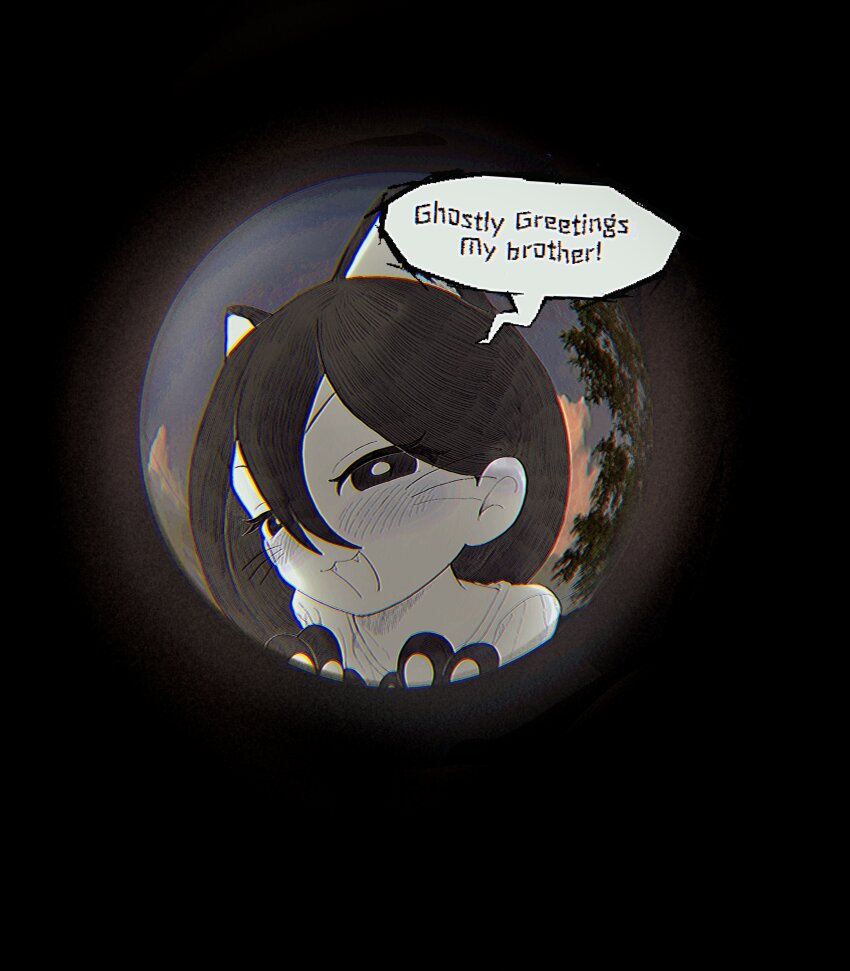 1girl :3 absurdres animal_ears black_eyes black_hair bright_pupils cat_ears english_text fake_animal_ears fake_whiskers fangs highres long_hair mari_(faraway)_(omori) mari_(omori) omori open_mouth solo speech_bubble tate_ware_anal white_pupils