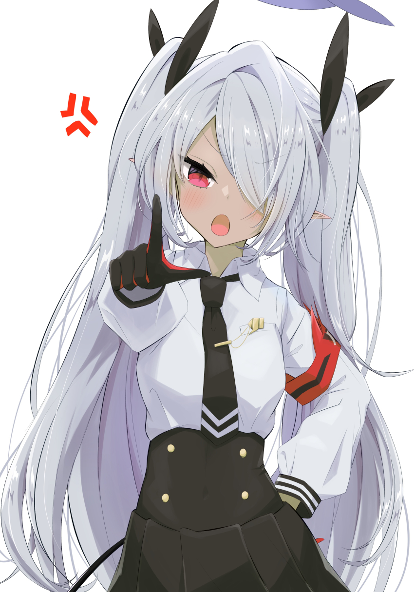 1girl :o absurdres anger_vein angry armband black_gloves black_necktie black_ribbon black_skirt blue_archive blush collared_shirt commentary cowboy_shot dark-skinned_female dark_skin demon_girl demon_tail gloves grey_hair hair_over_one_eye hair_ribbon halo hand_on_own_hip hand_up high-waist_skirt highres index_finger_raised iori_(blue_archive) kimagurain long_bangs long_hair long_sleeves looking_at_viewer necktie one_eye_covered open_mouth pleated_skirt pointing pointing_at_viewer pointy_ears purple_halo red_armband red_eyes ribbon school_uniform shirt simple_background skirt solo story_in_commentary straight-on straight_hair tail twintails v-shaped_eyebrows very_long_hair white_background white_shirt