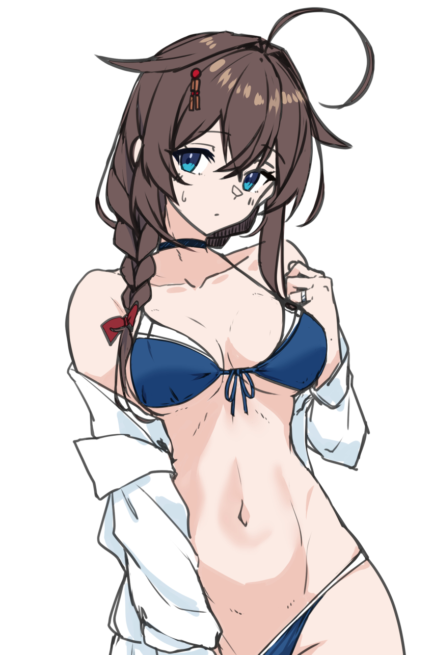 1girl absurdres ahoge bikini black_hair blue_bikini blue_eyes braid breasts collared_shirt commentary_request dress_shirt front-tie_bikini_top front-tie_top hair_between_eyes hair_flaps hair_over_shoulder highres kantai_collection long_hair looking_at_viewer medium_breasts official_alternate_costume open_clothes open_shirt shiba_(zudha) shigure_(kancolle) shigure_kai_san_(kancolle) shigure_kai_san_(swimsuit)_(kancolle) shirt simple_background single_braid solo swimsuit white_background white_shirt