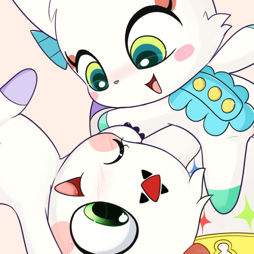 blush culumon digimon digimon_(creature) green_eyes happy looking_at_another one_eye_closed smile wink world_of_final_fantasy zero_unit