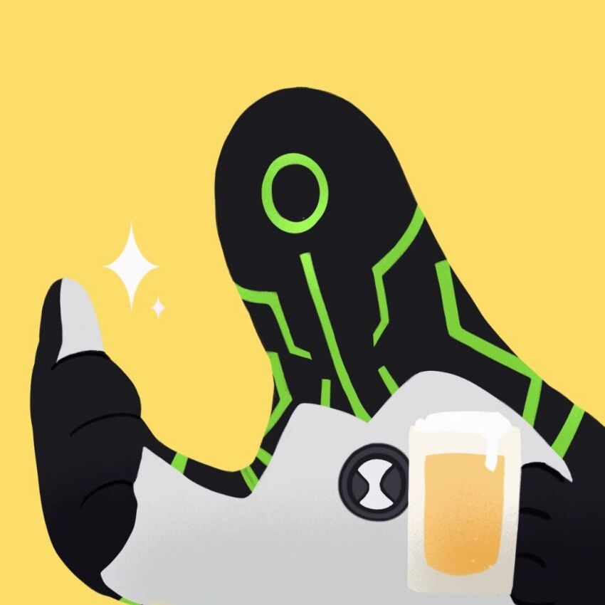 alien ben_10 cup holding holding_cup omnitrix one-eyed sparkle thumbs_up upgrade_(ben_10) yellow_background youzaiyouzai112