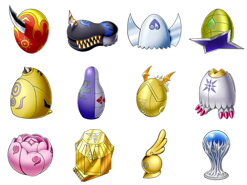 absurdres claws crests_(digimon) cross digimental digimental_of_courage digimental_of_darkness digimental_of_fate digimental_of_friendship digimental_of_hope digimental_of_kindness digimental_of_knowledge digimental_of_light digimental_of_love digimental_of_miracles digimental_of_purity digimental_of_sincerity digimon digimon_(creature) digimon_adventure_02 heart highres horns shuriken tentacles weapon wings