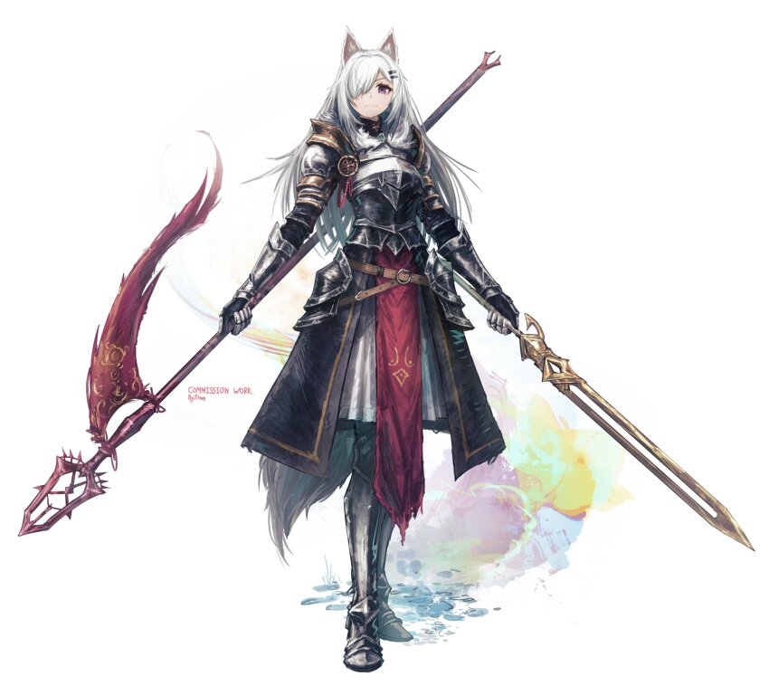 1girl absurdres animal_ear_fluff animal_ears armor artist_name boots closed_mouth commentary commission english_commentary fox_ears franlol full_body grey_boots hair_ornament hair_over_one_eye hairclip highres holding holding_polearm holding_sword holding_weapon long_hair looking_at_viewer original polearm purple_eyes simple_background solo spear standing sword weapon white_background white_hair