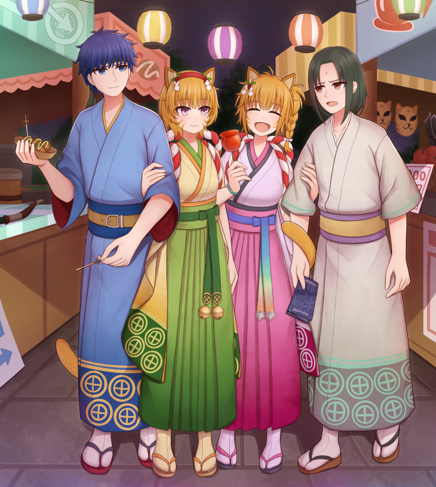 2boys 2girls absurdres animal_ears atorie black_hair blue_eyes blue_hair candy_apple cat_ears cat_girl cat_tail commission fang fire_emblem fire_emblem:_path_of_radiance fire_emblem:_radiant_dawn food highres ike_(fire_emblem) japanese_clothes kimono lantern lethe_(fire_emblem) locked_arms lyre_(fire_emblem) market_stall multiple_boys multiple_girls new_year nintendo orange_hair paper_lantern pixiv_commission purple_eyes red_eyes siblings soren_(fire_emblem) tail takoyaki twins yukata