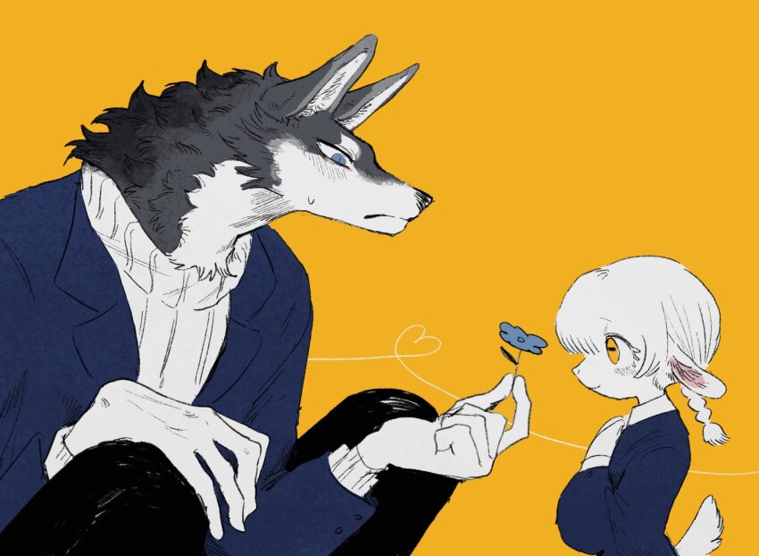 1boy 1girl black_pants blue_eyes blue_jacket blue_shirt braid collared_shirt flower from_side furry furry_female goat_girl heart holding holding_flower horizontal_pupils jacket original pants shirt simple_background single_braid size_difference sweater turtleneck turtleneck_sweater two-tone_fur white_fur white_sweater wolf_boy yellow_background zumi3