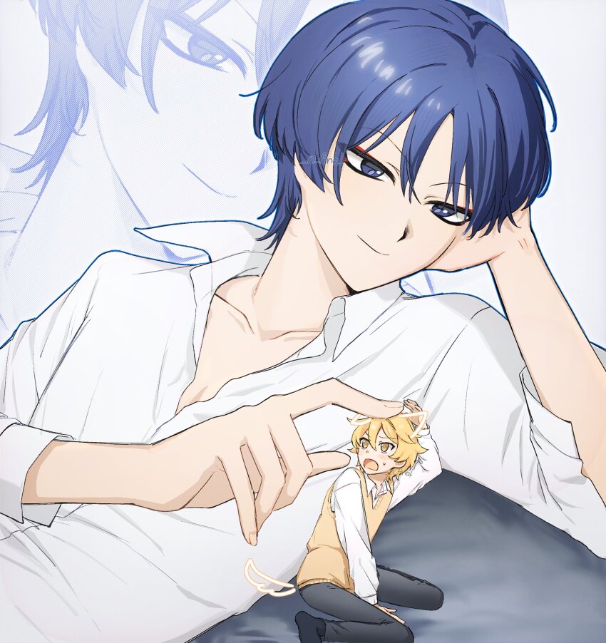 2boys aether_(genshin_impact) ahoge alternate_costume arm_up artist_name black_pants black_socks blonde_hair blue_eyes blunt_ends blush closed_mouth collarbone collared_shirt commentary english_commentary eyeshadow fingernails genshin_impact hair_between_eyes hand_on_another&#039;s_head hand_up highres long_sleeves looking_at_another looking_down looking_up makeup male_focus multiple_boys n_ano no_shoes open_mouth orange_sweater_vest pants pillow puffy_long_sleeves puffy_sleeves red_eyeshadow scaramouche_(genshin_impact) shirt short_hair simple_background sitting smile socks sweatdrop sweater_vest white_background white_shirt yaoi yellow_eyes zoom_layer