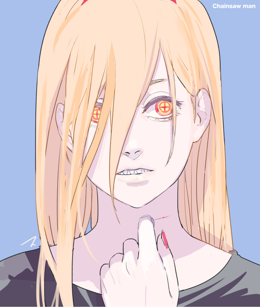 1girl blonde_hair blue_background chainsaw_man commentary copyright_name cross-shaped_pupils hair_between_eyes highres horns long_hair matahei power_(chainsaw_man) red_horns sharp_teeth signature simple_background sketch solo symbol-shaped_pupils teeth