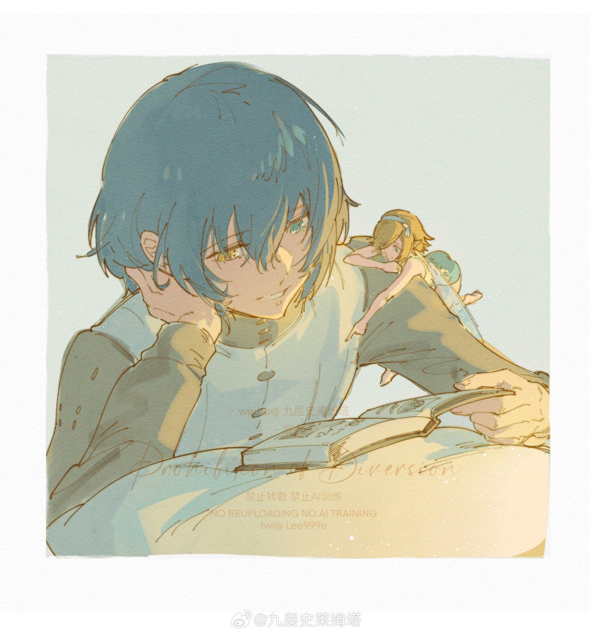 1boy 1girl absurdres blue_hair border gallica_(metaphor:_refantazio) heterochromia highres lee999nine long_sleeves metaphor:_refantazio mini_person minigirl parted_lips pointing protagonist_(metaphor:_refantazio) reading size_difference vest white_border white_vest